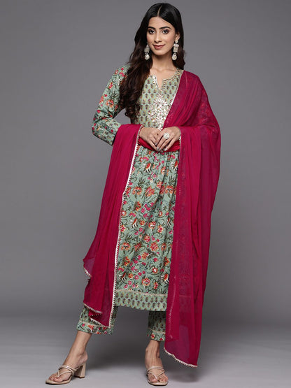 Dhiyona VA Women'sGreen & Pink Floral Print Pure Cotton Kurta with Trousers & With Dupatta