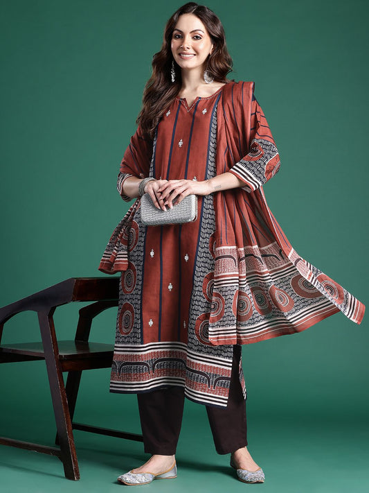 Dhiyona IE Geometric Printed Pure Cotton Kurta with Trousers & Dupatta