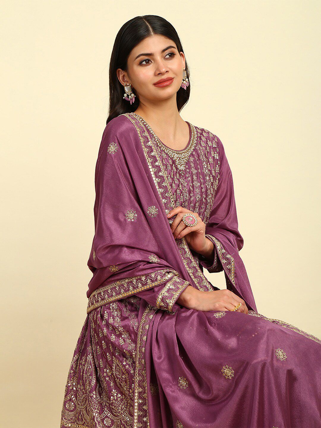 Dhiyona SO Women's Women Floral Embroidered Angrakha Sequinned Kurta with Trousers & With Dupatta