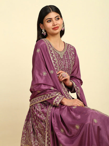 Dhiyona SO Women's Women Floral Embroidered Angrakha Sequinned Kurta with Trousers & With Dupatta