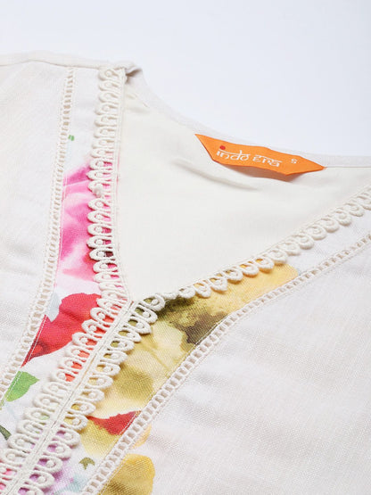 Dhiyona IE Floral Printed Beads and Stones Linen Kurta with Trousers & With Dupatta
