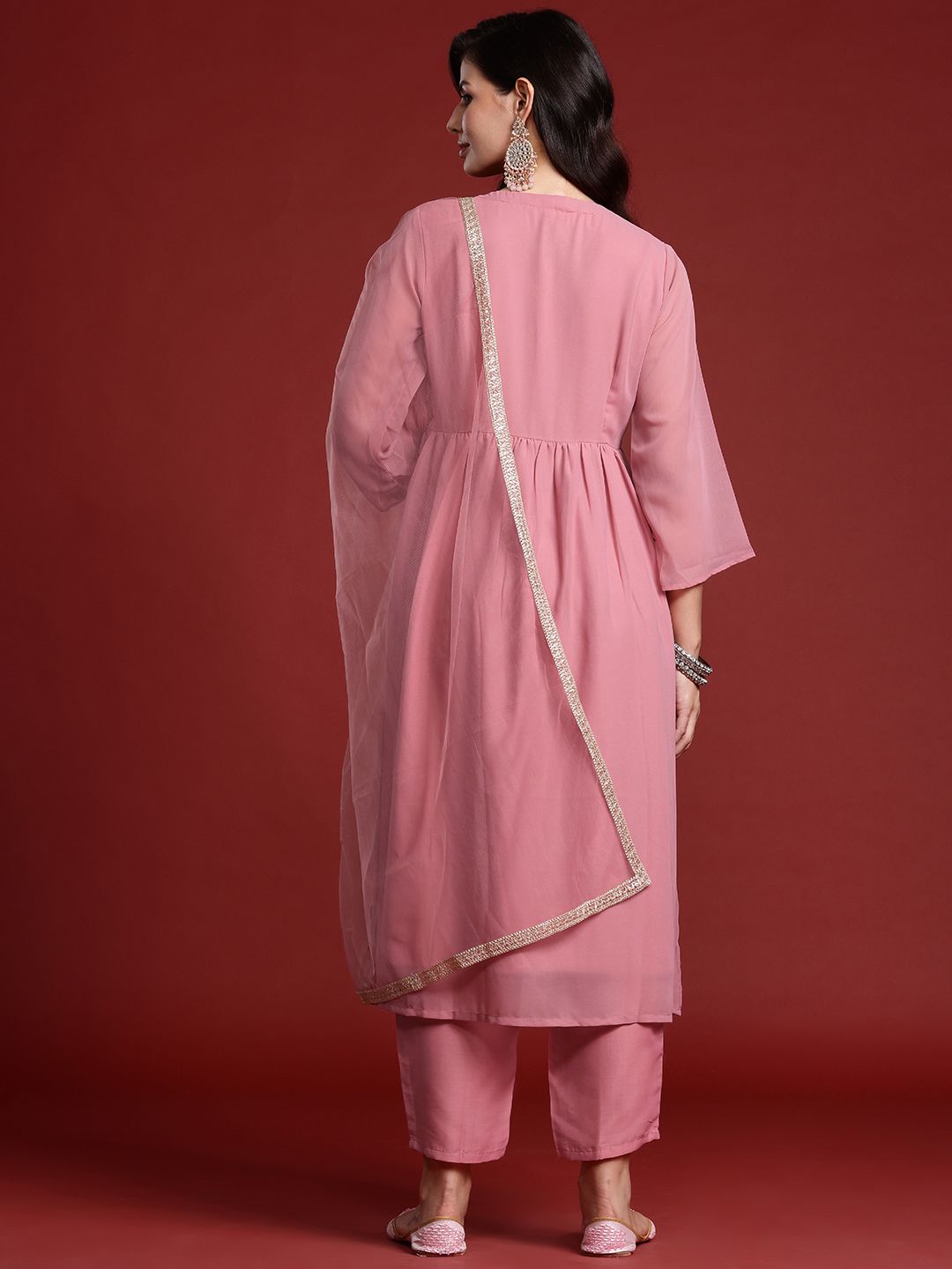 Floral Sequin Embroidered Empire Kurta with Trousers & Dupatta