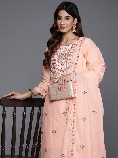 Dhiyona VA Women'sFloral Embroidered Sequinned Pure Cotton Kurta with Trousers & Dupatta