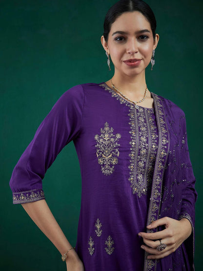 Dhiyona IE Ethnic Motifs Embroidered Zari Straight Kurta With Trousers & Dupatta