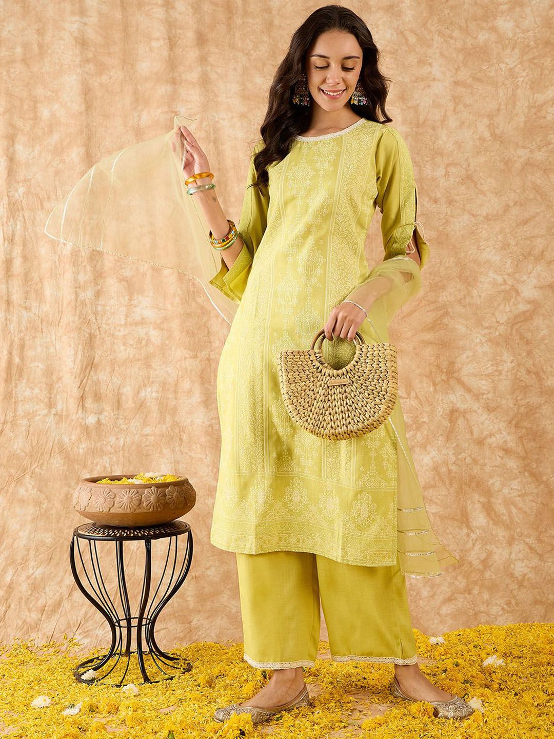 Floral Printed Straight Liva Kurta with Palazzo & Dupatta