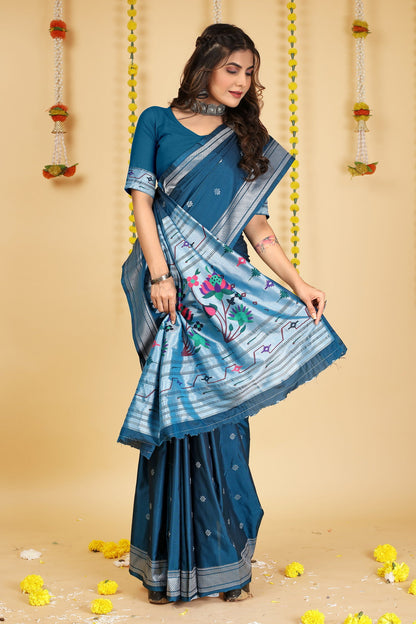 Dhiyona GR Women's Mastani Teal Zari Paithani Silk Saree