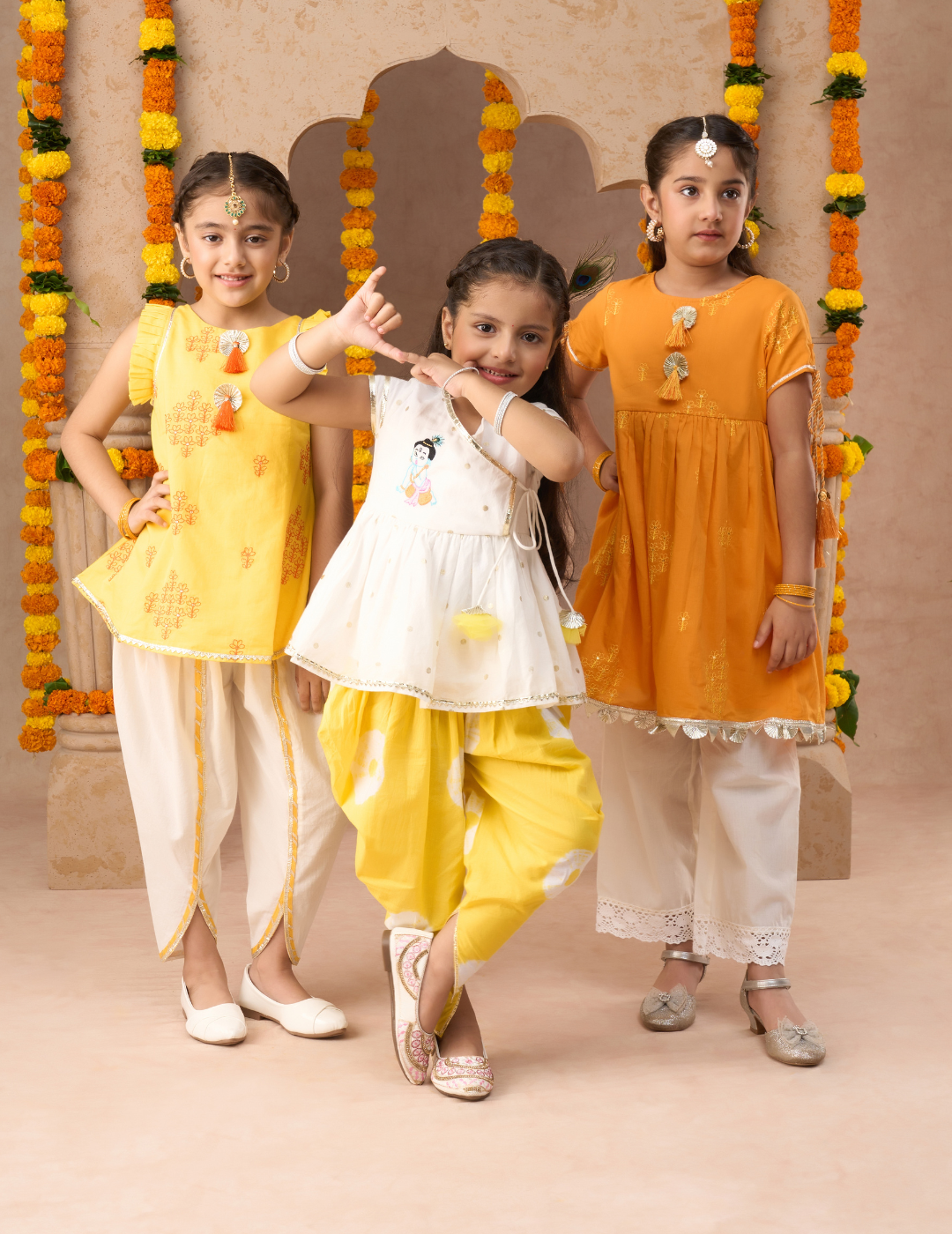 Marigold magic Girls Yellow Cotton Kurta and White Dhoti Ethnic Set