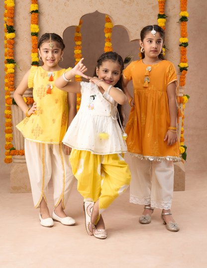 Marigold magic Girls Yellow Cotton Kurta and White Dhoti Ethnic Set
