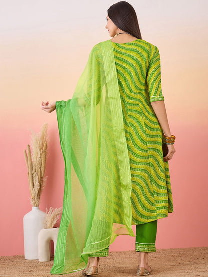 Dhiyona SN Women's Green Bandhani Printed Sequinned Anarkali Kurta With Trouser & Dupatta