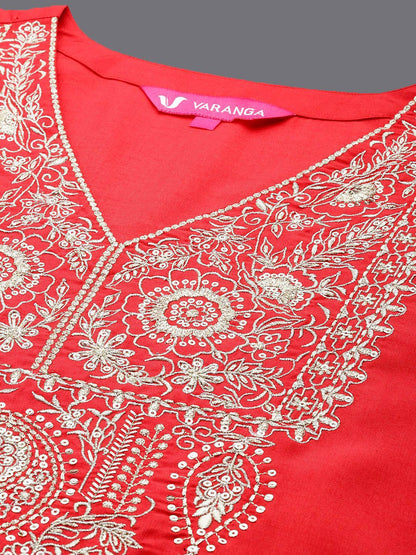 Dhiyona VA Women'sFloral Yoke Design V-Neck Thread Work Straight Kurta With Trousers & Dupatta