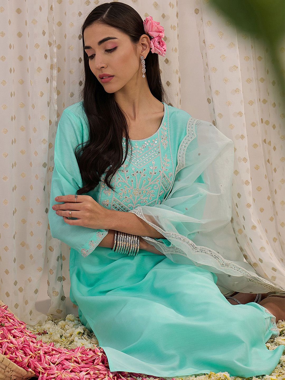 Floral Embroidered Sequinned Straight Kurta With Trousers & Dupatta