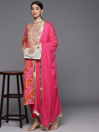 Dhiyona VA Women'sPink Leheriya Printed Thread Work Straight Kurta & Trousers & With Dupatta