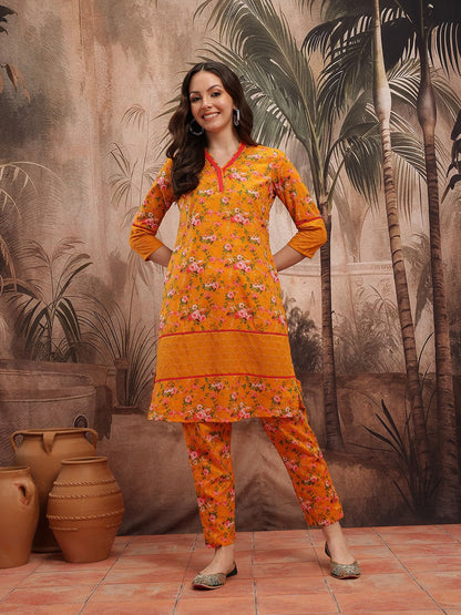 Dhiyona SN Women's Floral Printed Regular Pure Cotton Kurta with Trousers