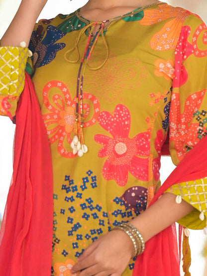 Dhiyona VA Women's Floral Printed Kurti with Sharara & Dupatta