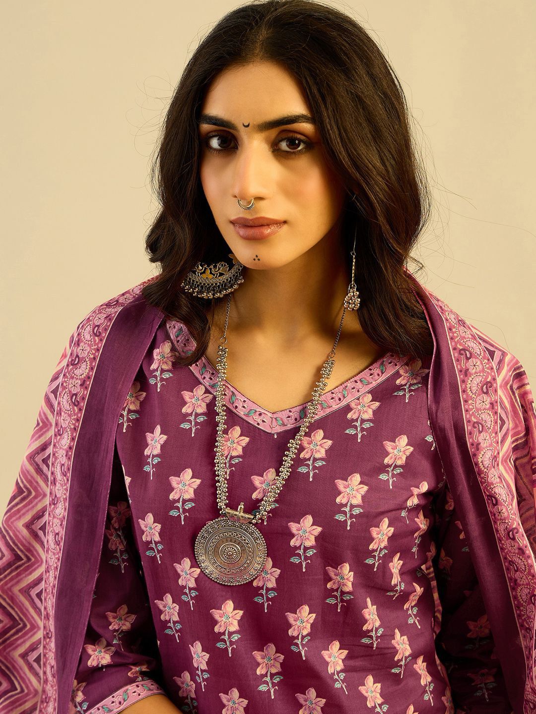 Purple Floral Printed V-Neck Pure Cotton Straight Kurta with Trousers & Dupatta