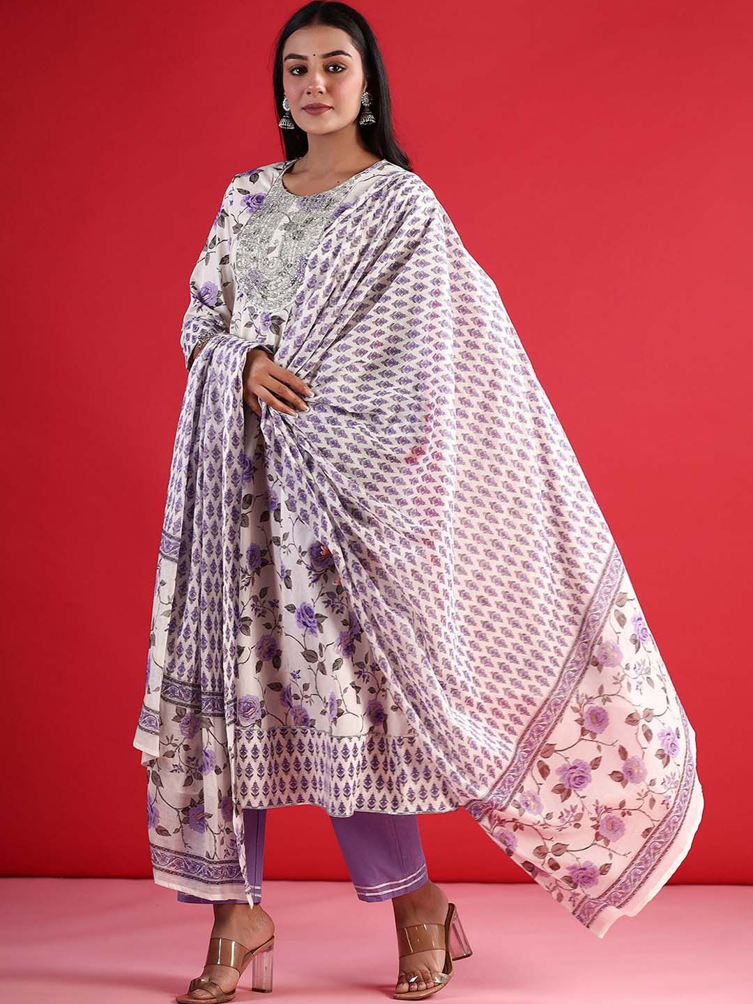 Dhiyona IE Floral Printed Thread Work Pure Cotton Kurta with Trouser & Dupatta