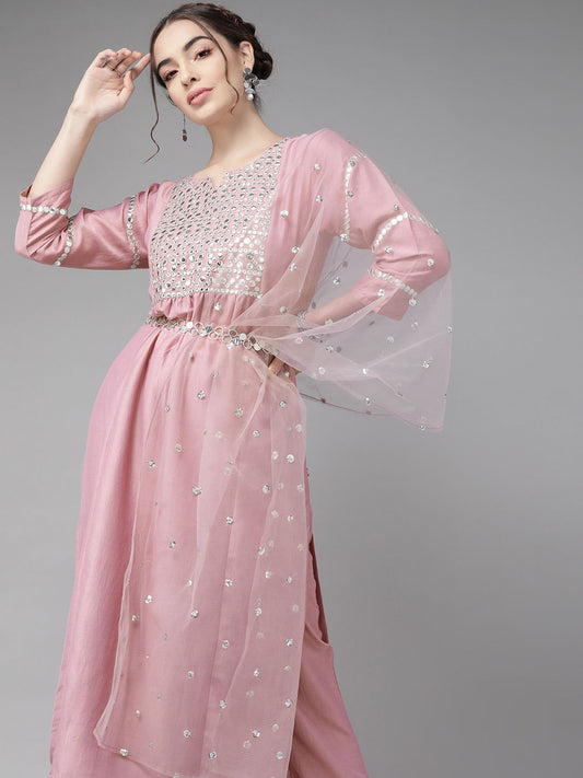 Dhiyona VA Women'sRich Mauve And Silver Embroidered Kurta Set
