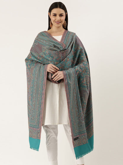 Dhiyona PA Women Teal Woven Design Wool Jamawar Shawl