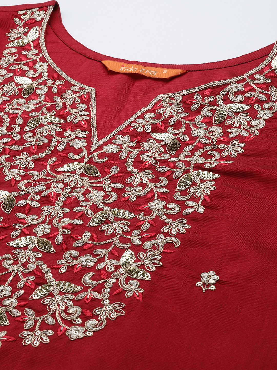 Dhiyona IE Women Red Ethnic Motifs Embroidered Sequinned Liva Kurta with Trousers & Dupatta