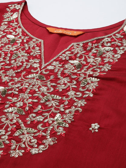 Dhiyona IE Women Red Ethnic Motifs Embroidered Sequinned Liva Kurta with Trousers & Dupatta
