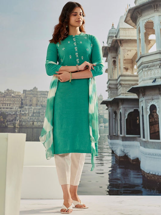 Dhiyona WP Ethnic Motifs Embroidered Thread Work Pure Cotton Kurta with Trousers & Dupatta