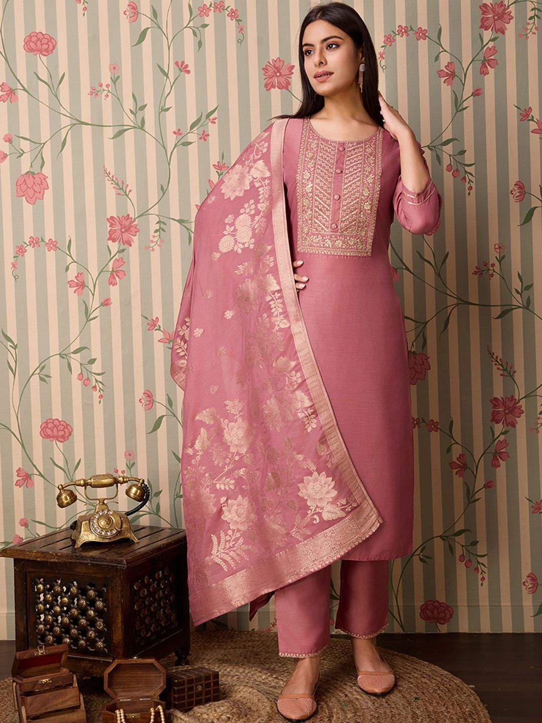 Dhiyona OD  Floral Yoke Design Regular Mirror Work Kurta & Trousers & Dupatta