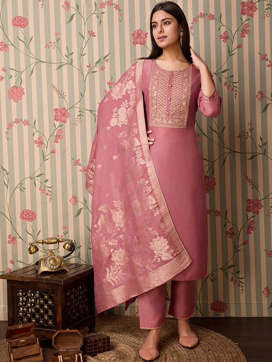 Dhiyona OD  Floral Yoke Design Regular Mirror Work Kurta & Trousers & Dupatta