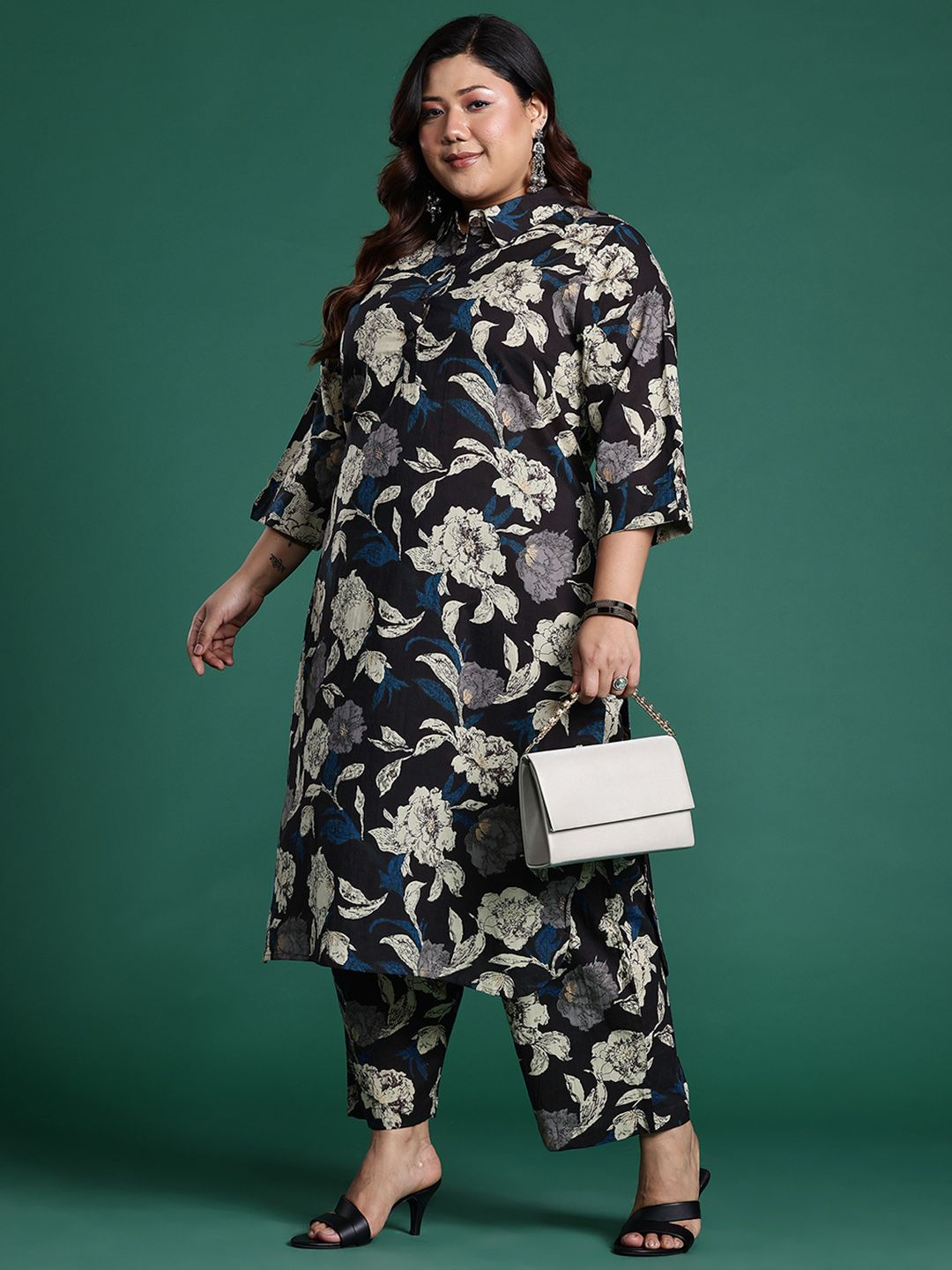 Plus Size Floral Printed Fusion Pure Cotton Kurta with Trousers