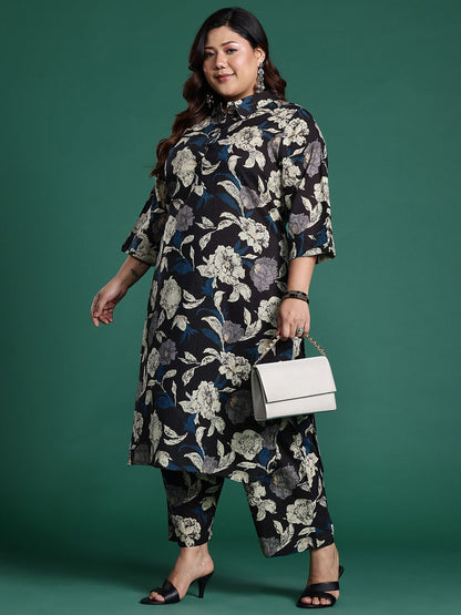 Plus Size Floral Printed Fusion Pure Cotton Kurta with Trousers