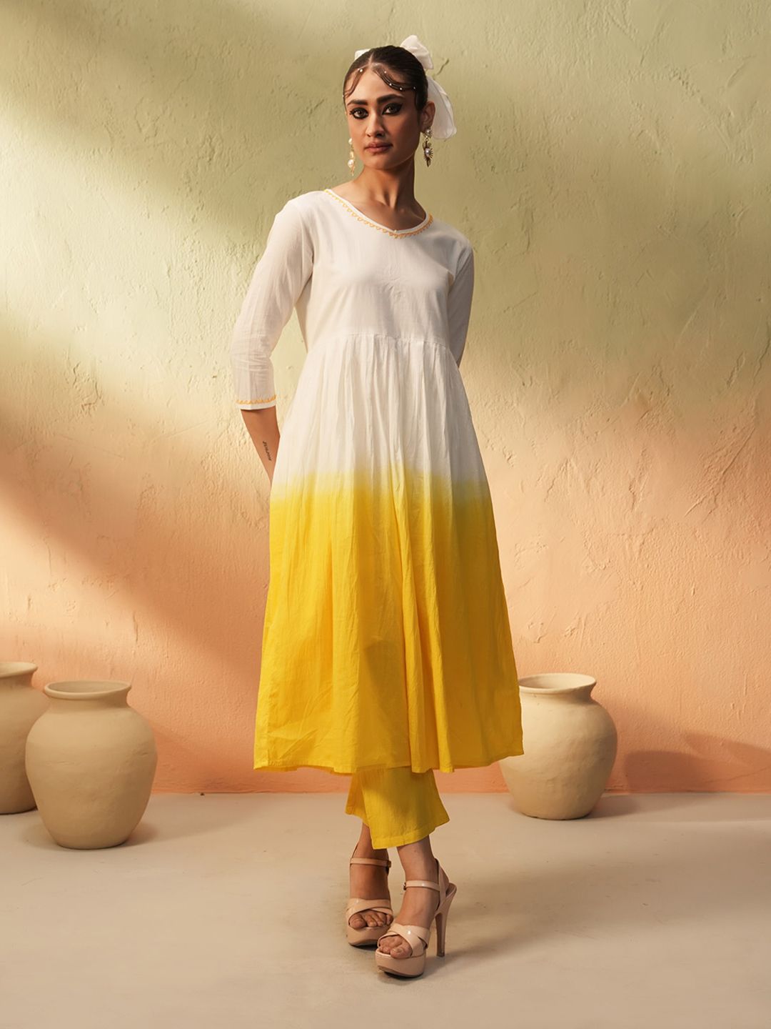 Dhiyona IS Women's Yellow Ombre Dyed Angrakha Pure Cotton Anarkali Kurta With Trousers