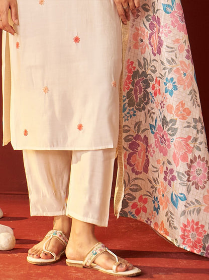 Floral Embroidered Thread Work Kurta With Trousers & Dupatta