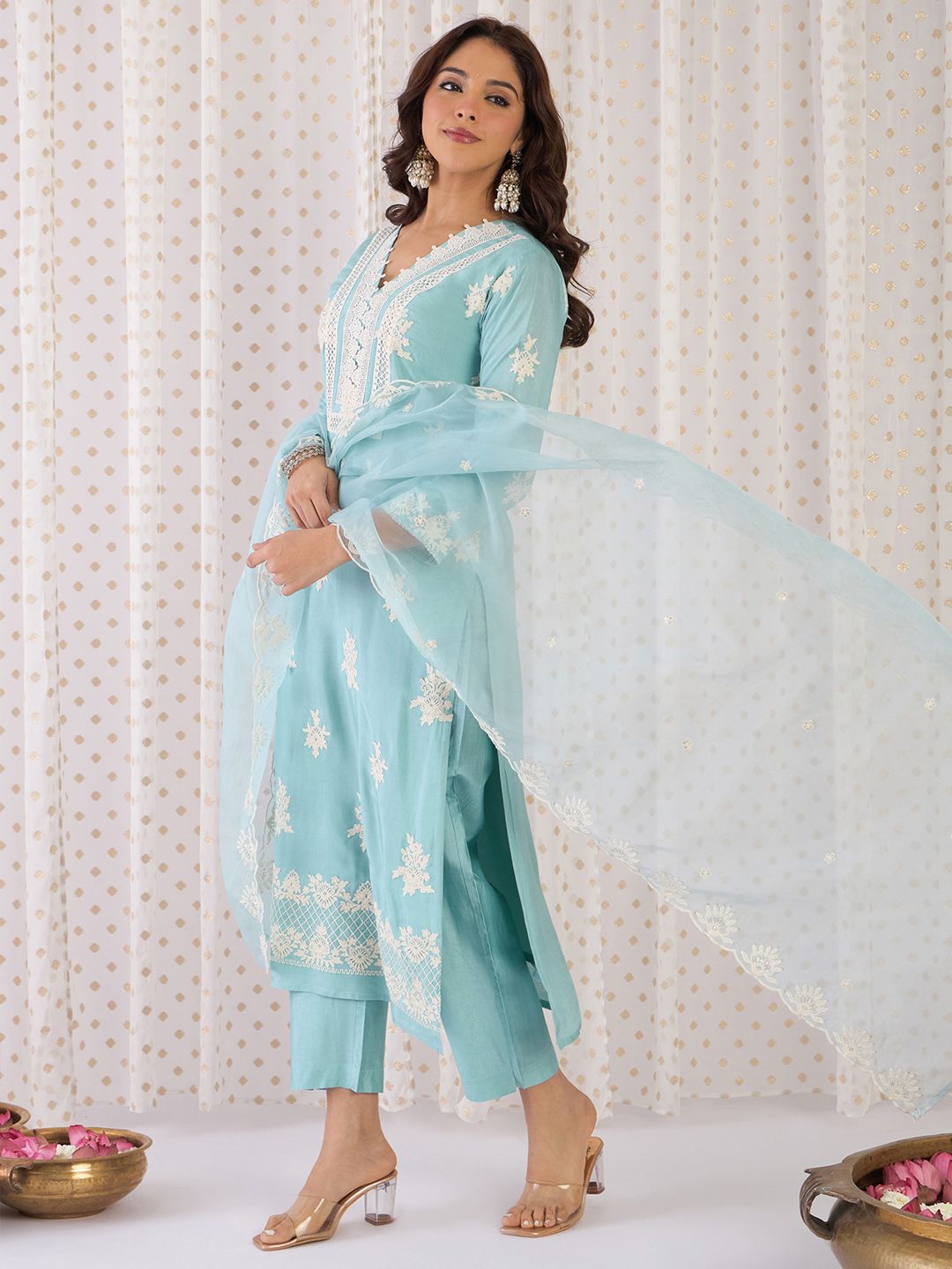 Floral Embroidered V-Neck Sequinned Straight Kurta With Trousers & Dupatta