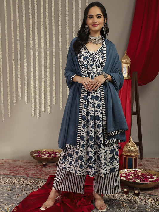 Dhiyona VA Women'sFloral Printed Kantha Work Pure Cotton Kurta With Palazzos & Dupatta
