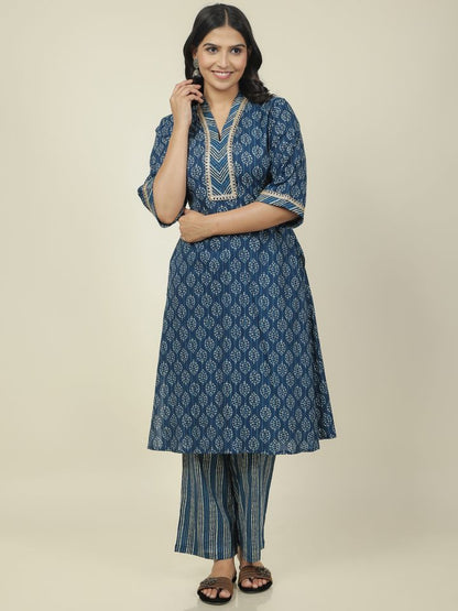 Women's Cotton Blue Straight Kurta Set