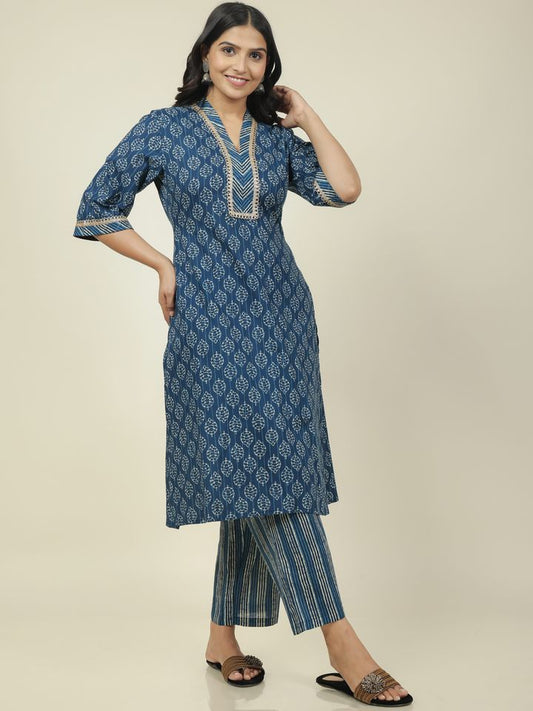 Women's Cotton Blue Straight Kurta Set