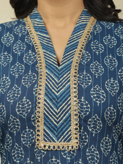 Women's Cotton Blue Straight Kurta Set