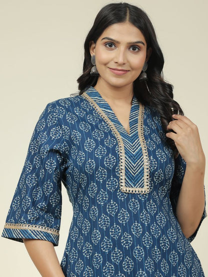 Women's Cotton Blue Straight Kurta Set