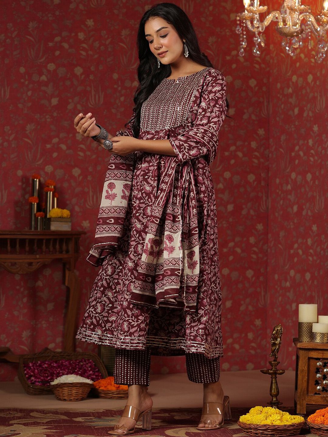 Dhiyona IS Women's Floral Printed Sequinned Pure Cotton Anarkali Kurta With Trousers & Dupatta