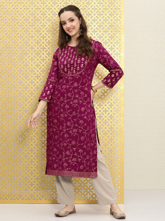 Dhiyona OD  Women Magenta Pink Floral Embellished Mirror Work Kurta