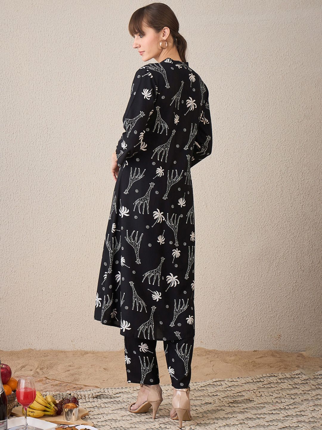 Quirky Printed Mandarin Collar A-Line Kurta With Trousers