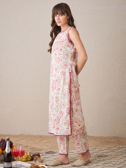 Floral Printed Boat Neck Pure Cotton Straight Kurta With Trouser