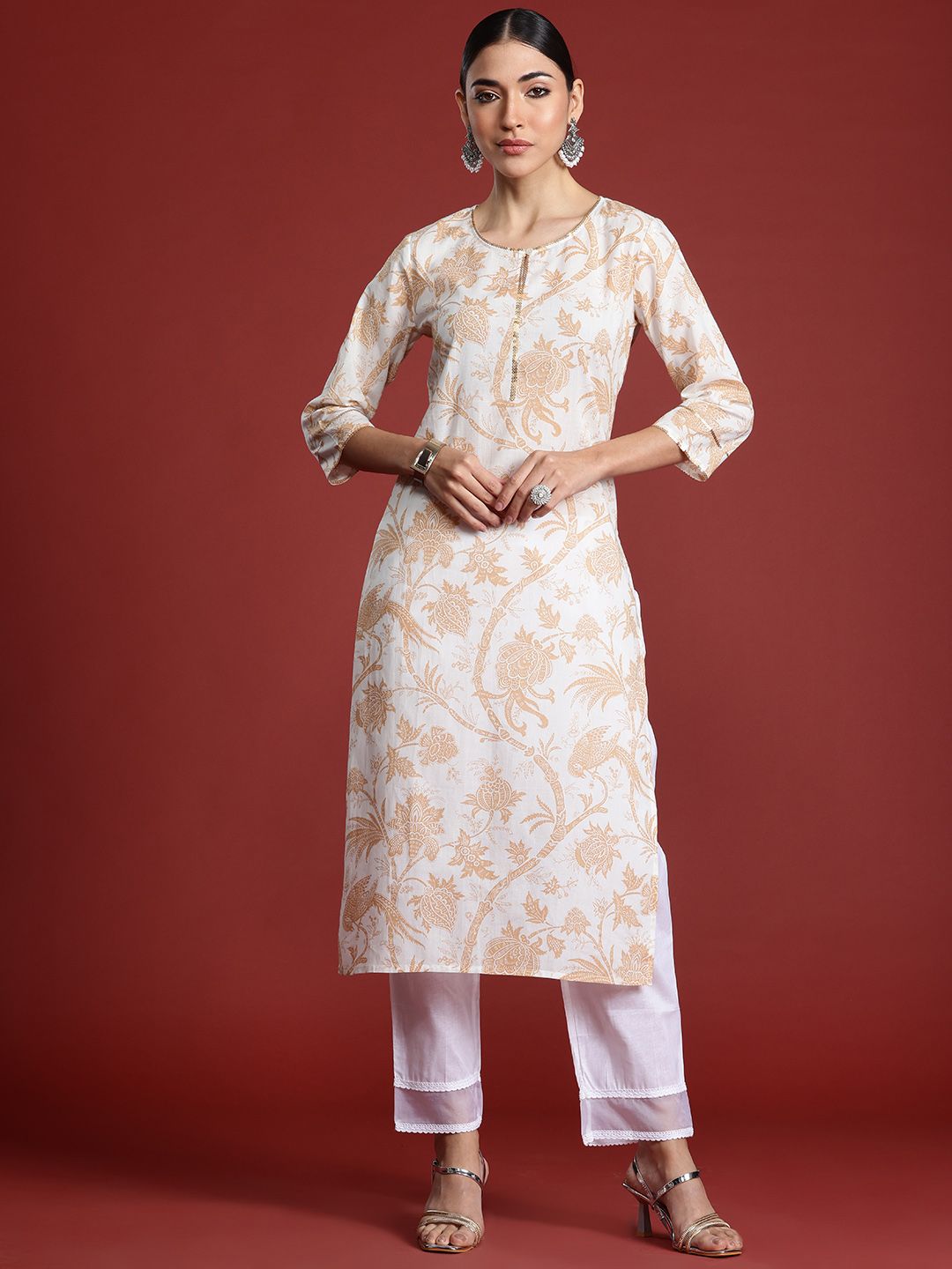 Dhiyona IE Women Floral Printed Keyhole Neck Pure Cotton Kurta