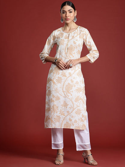 Dhiyona IE Women Floral Printed Keyhole Neck Pure Cotton Kurta