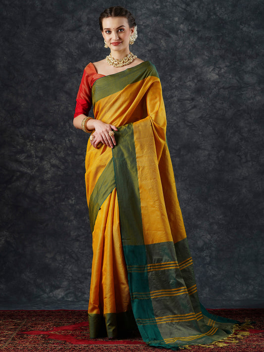 Women's Aura Silk Yellow Woven Design Designer Saree With Blouse Piece