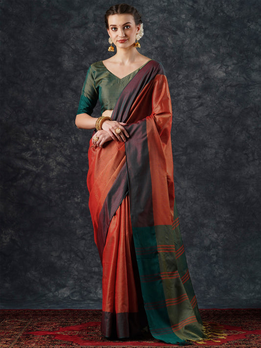 Women's Aura Silk Orange Woven Design Designer Saree With Blouse Piece