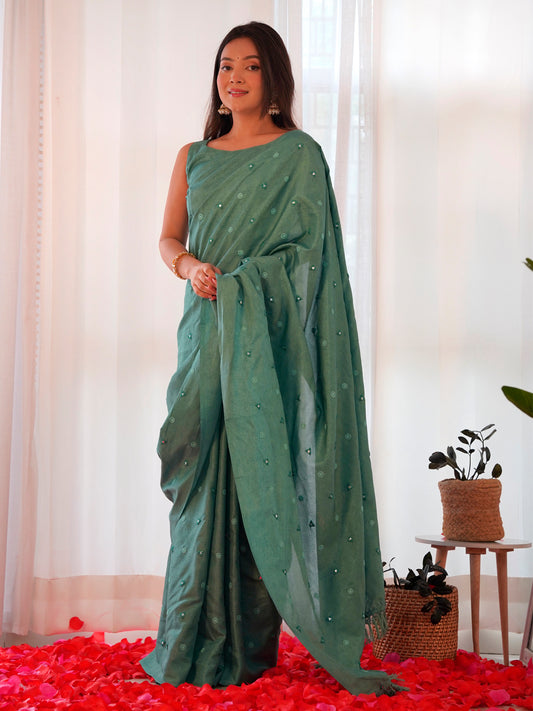 Women's Manipuri Silk Sea Green Embellished Designer Saree With Blouse Piece