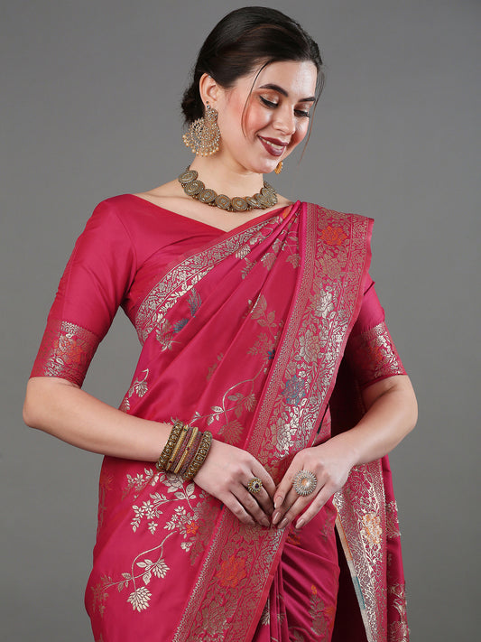 Women's Silk Blend Pink Woven Design Designer Saree With Blouse Piece