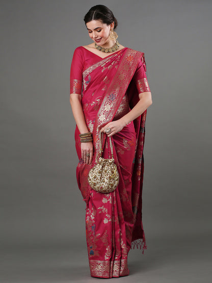 Women's Silk Blend Pink Woven Design Designer Saree With Blouse Piece