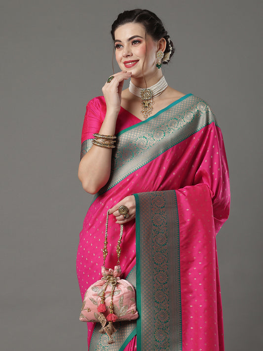 Women's Silk Blend Pink Woven Design Designer Saree With Blouse Piece