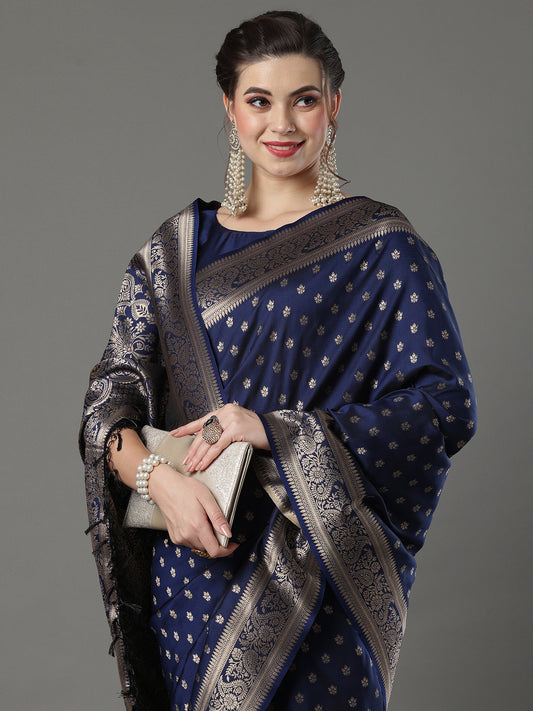 Women's Silk Blend Navy Blue Woven Design Designer Saree With Blouse Piece